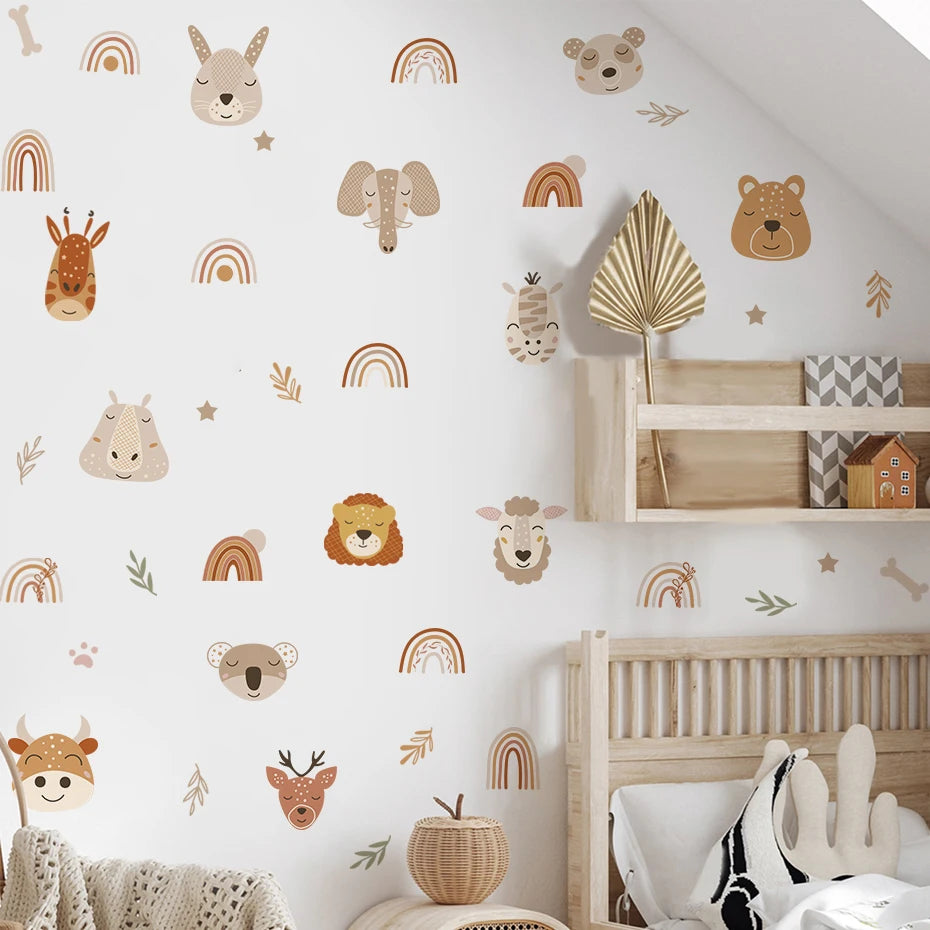 Boho Style Woodland Animals Rainbow Lion Wall Stickers for Kids Room Baby Nursery Wall Decal Vinyl Mural Bedroom Home Decor