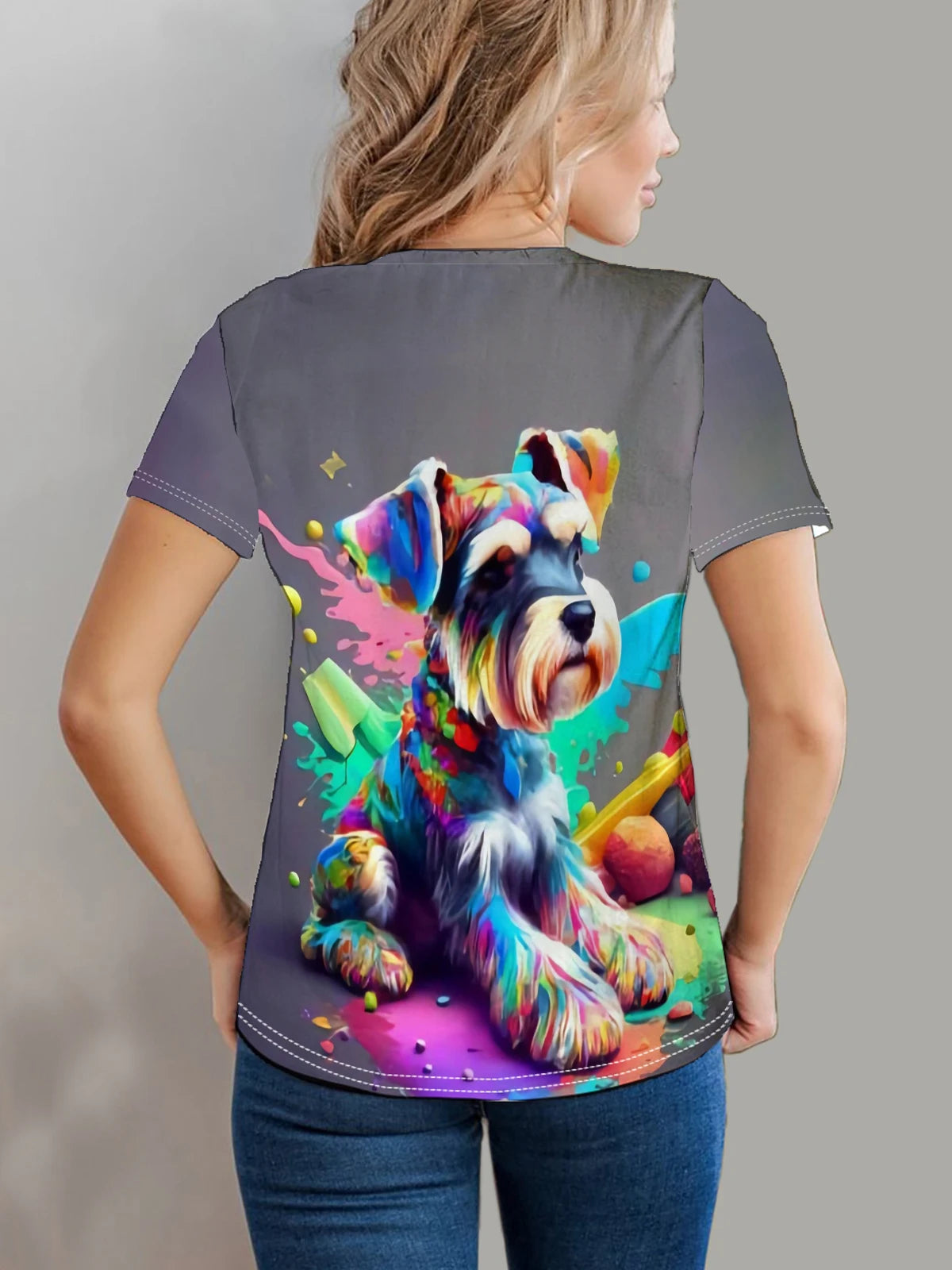 Playful Colored Spotted Dog Print T-Shirt – Casual Crew Neck Top for Women’s Spring & Summer Style