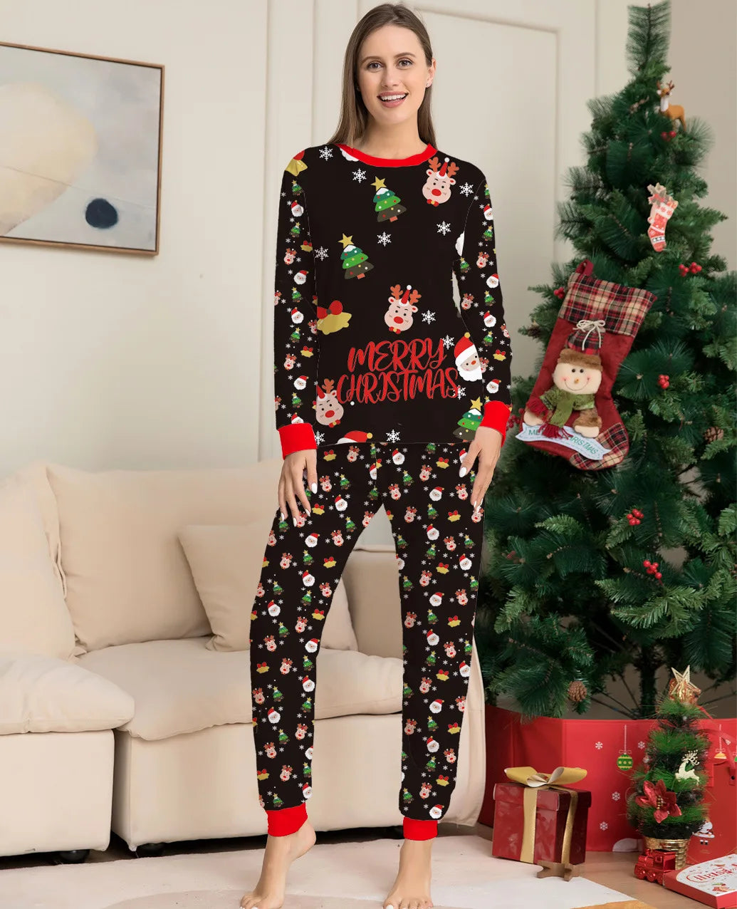 Christmas Family Matching Pajamas Set – Deer & Santa Print PJs with Baby Romper + Dog Outfit