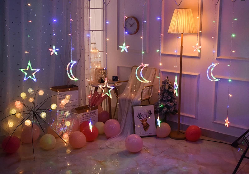 Christmas Lights LED Deer Star Moon String Light – Fairy Curtain Garland for Holiday Party & Outdoor Decor