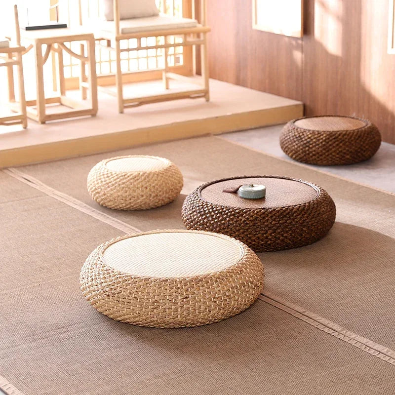 Natural Weave Straw Pouf Tatami Mat – Round Floor Cushion for Meditation, Yoga & Japanese-Style Seating