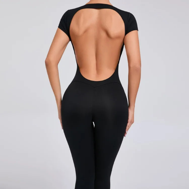 Seamless Yoga Jumpsuit – Short-Sleeved Backless One-Piece Workout Suit for Women, Hip-Lifting Fitness Tracksuit