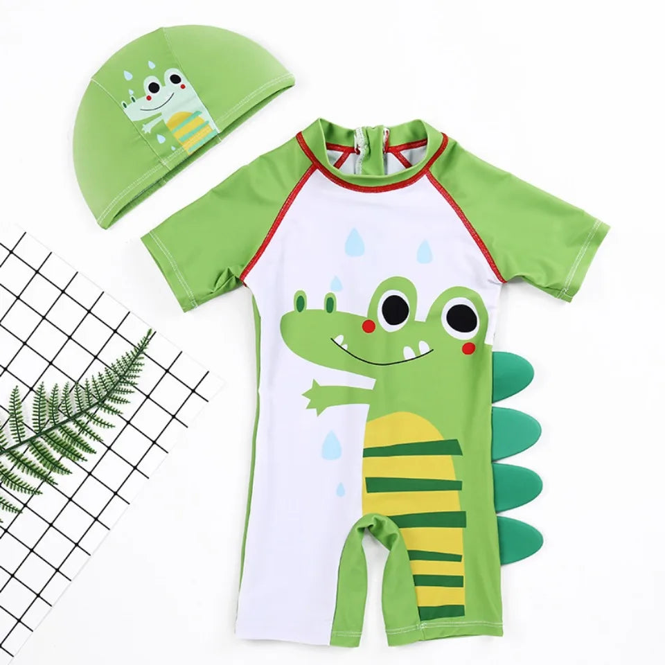 New Boys One-Piece Swimwear – Cartoon Print Quick-Dry Sunscreen Swimsuit for Kids