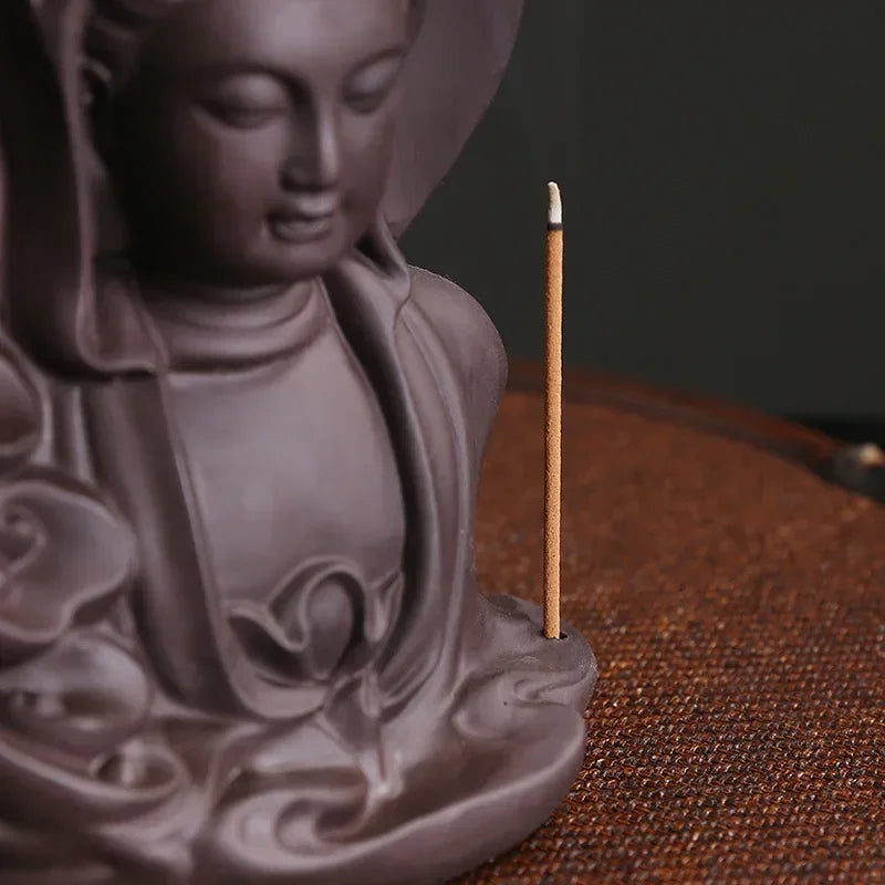 Purple Clay Avalokitesvara Backflow Incense Burner – Ceramic Buddha Incense Holder for Meditation & Home Decor