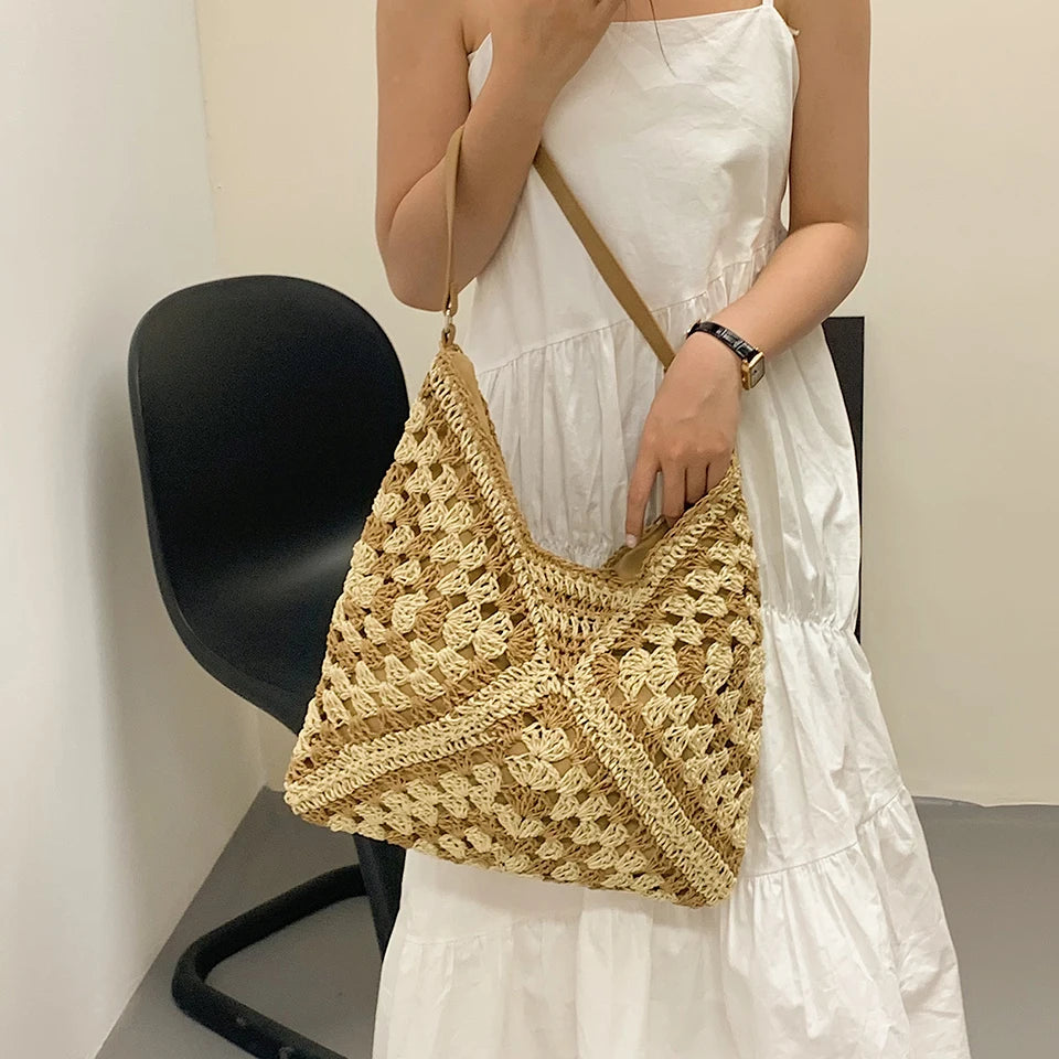 Bohemian Chic Woven Crossbody Tote – Stylish Hollow-Out Straw Handbag for Casual Outings