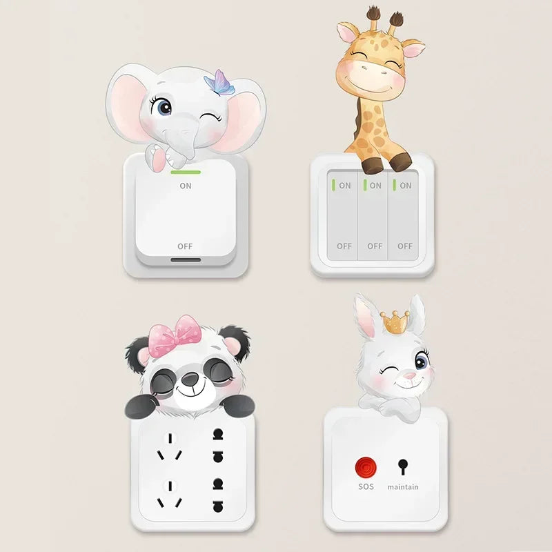 4pcs Cartoon Animal Switch Stickers – Elephant, Rabbit, Panda, and Giraffe Wall Decals for Kids Room Decor