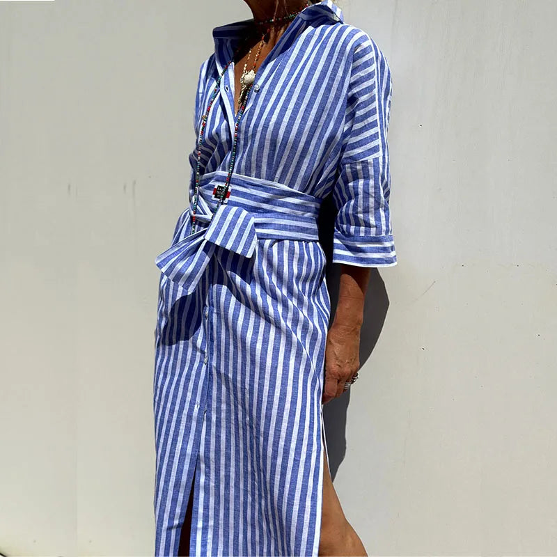 Ladies Striped Single-Breasted Shirt Dress – Elegant Summer Half-Sleeve Lace-Up Split Maxi Dress