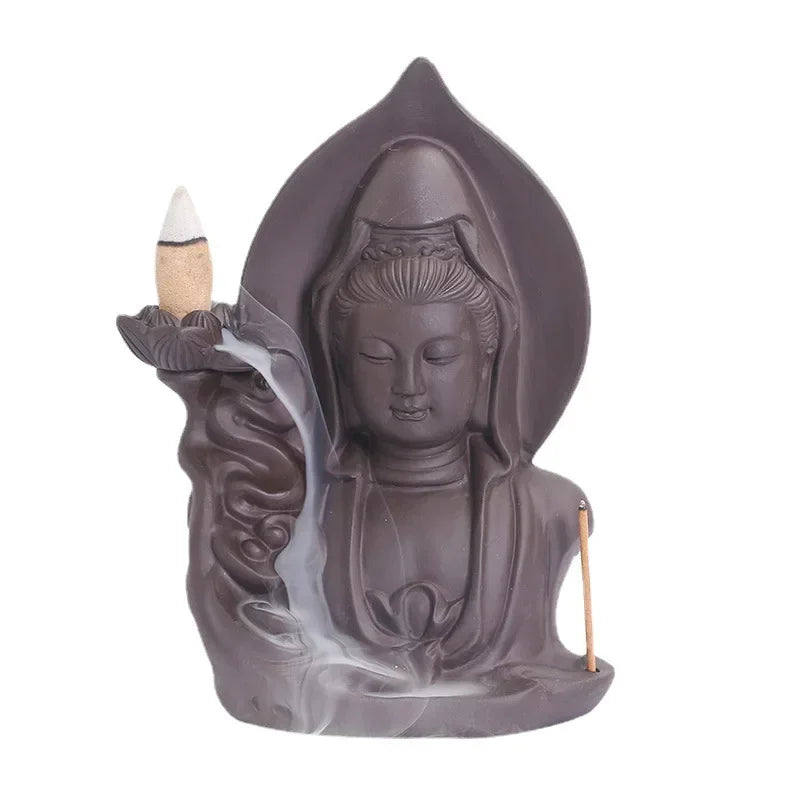 Purple Clay Avalokitesvara Backflow Incense Burner – Ceramic Buddha Incense Holder for Meditation & Home Decor