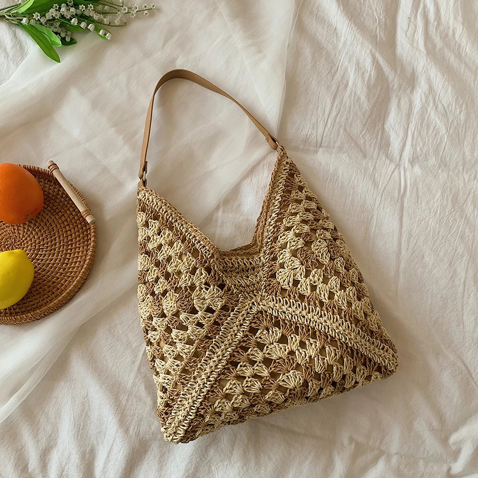 Bohemian Chic Woven Crossbody Tote – Stylish Hollow-Out Straw Handbag for Casual Outings