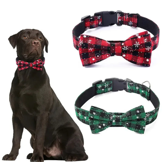 Christmas Plaid Snowflake Dog Collar with Bow Tie – Festive Adjustable Collar for Small & Large Dogs and Cats 🎄❄️