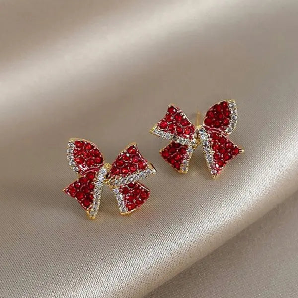 Elegant Crystal Bow Knot Drop Earrings – Exquisite Red Pearl Dangle for Christmas & Party Glam ✨🎀