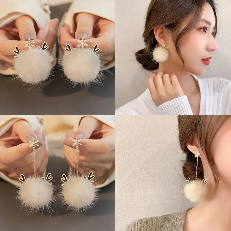 Festive Snowflake Antler Hair Ball Earrings – Cozy Christmas Drop Earrings for Winter Charm ❄️✨