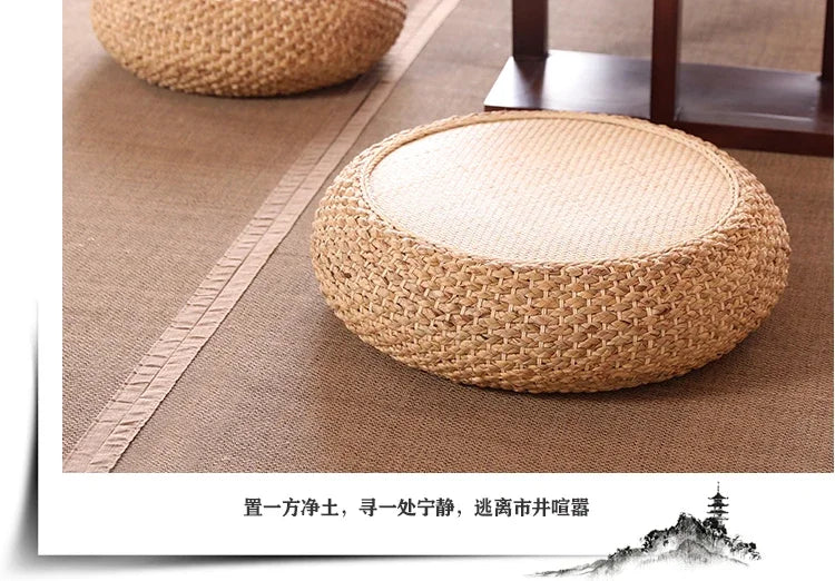 Natural Weave Straw Pouf Tatami Mat – Round Floor Cushion for Meditation, Yoga & Japanese-Style Seating