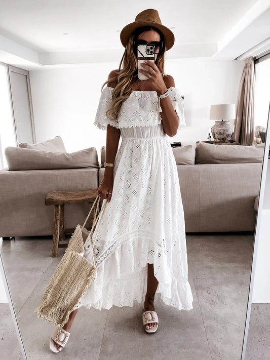 Bohemian White Lace One-Shoulder Maxi Dress – Elegant Beach & Summer Style for Women