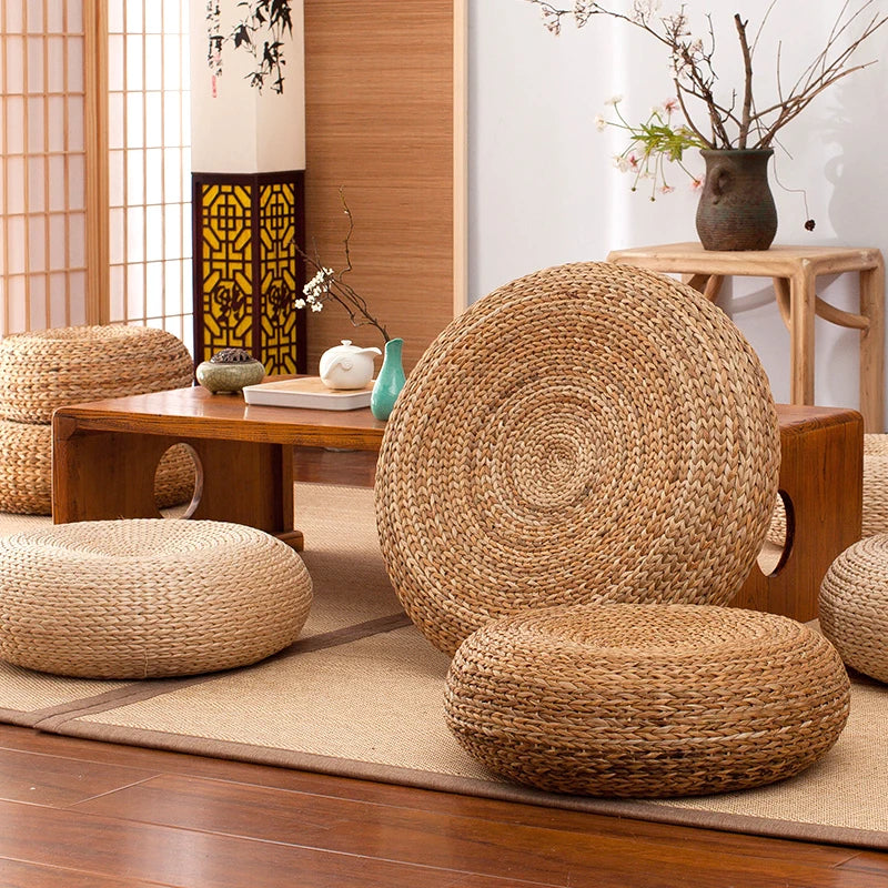 Japanese Style Thicken Futon Meditation Cushion – Natural Straw Woven Tatami Yoga Cushion for Home Decor & Meditation