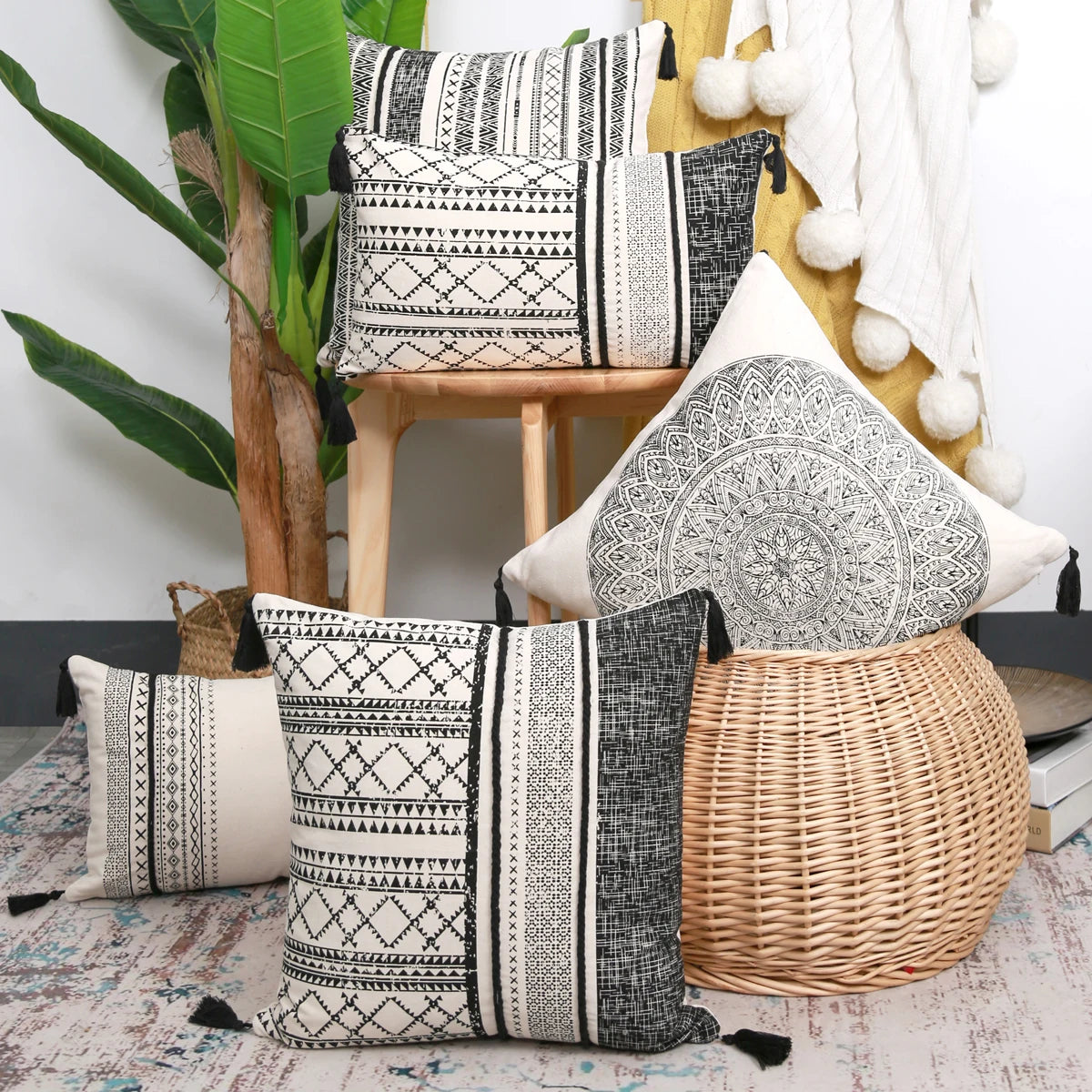 Moroccan Geometric Printed Pillow Cover – Decorative Pillow Case with Tassels for Couch, Sofa & Bedroom (18x18 Inch)