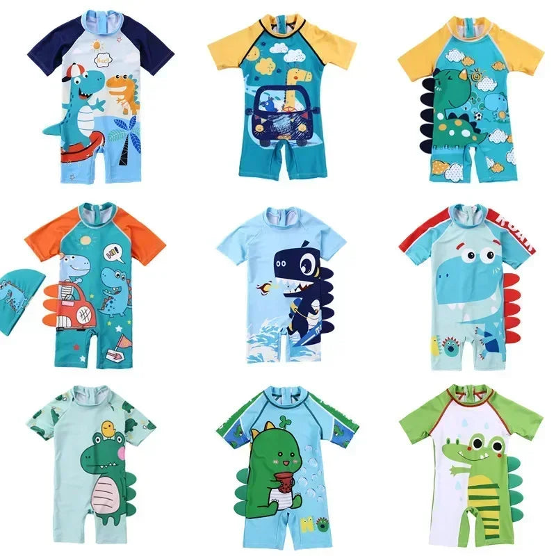 New Boys One-Piece Swimwear – Cartoon Print Quick-Dry Sunscreen Swimsuit for Kids