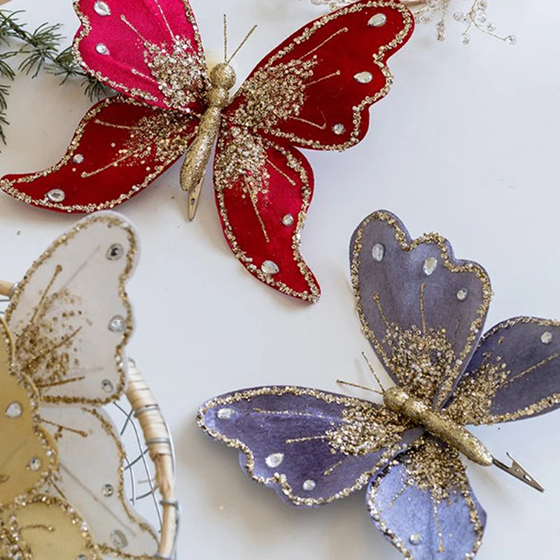 Christmas Glitter Butterfly Ornament with Clip – DIY Wreath & Tree Pendant for New Year Gifts