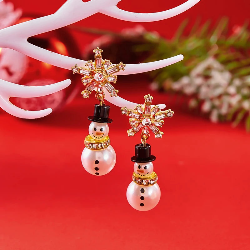 Elegant Snowman & Snowflake Zircon Pearl Earrings – Festive Shimmering Studs for Christmas Parties & Holiday Gifts 🎄❄️