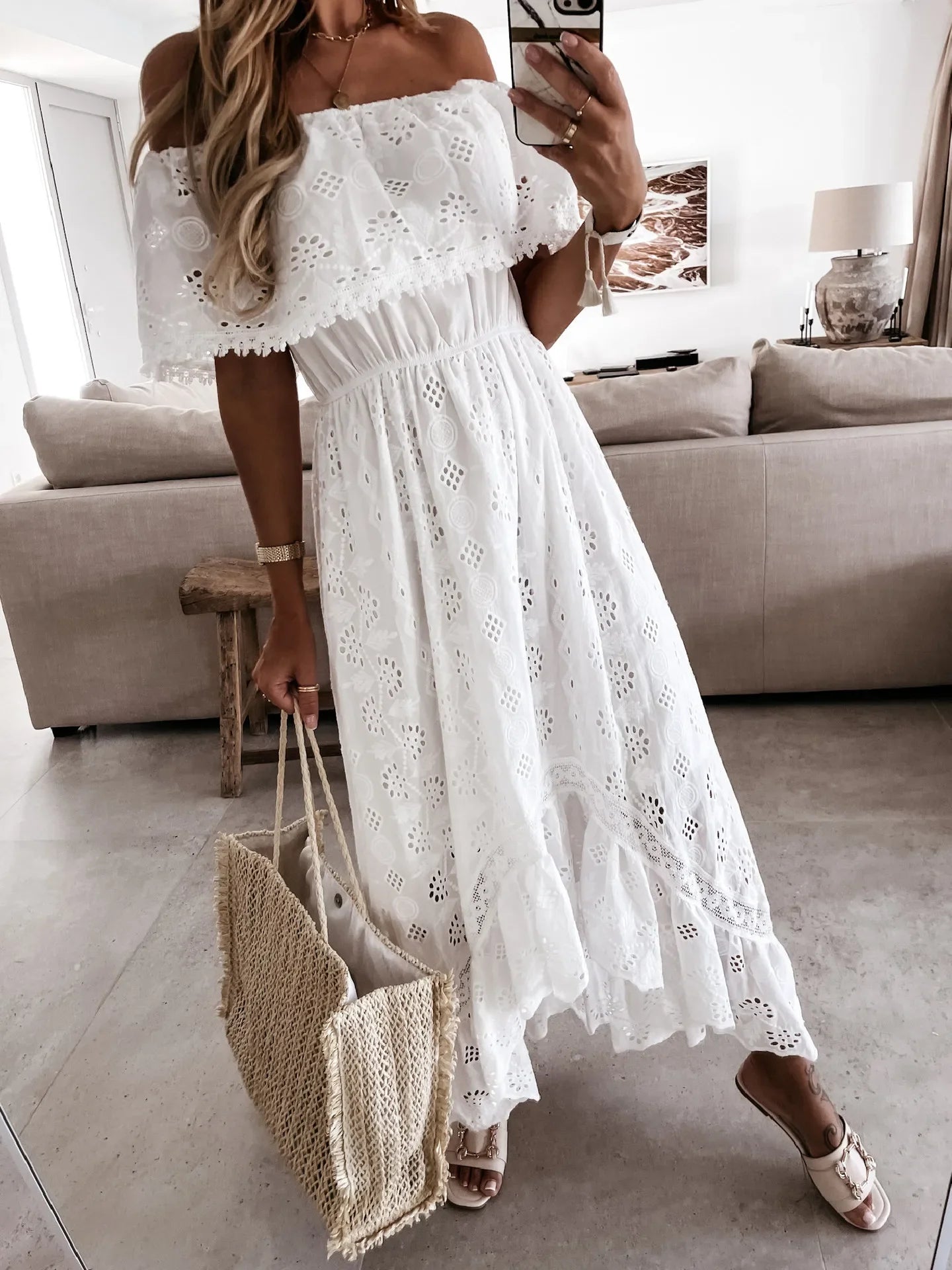 Bohemian White Lace One-Shoulder Maxi Dress – Elegant Beach & Summer Style for Women