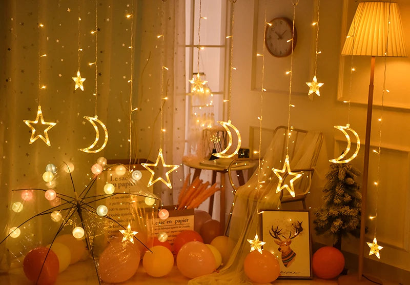 Christmas Lights LED Deer Star Moon String Light – Fairy Curtain Garland for Holiday Party & Outdoor Decor