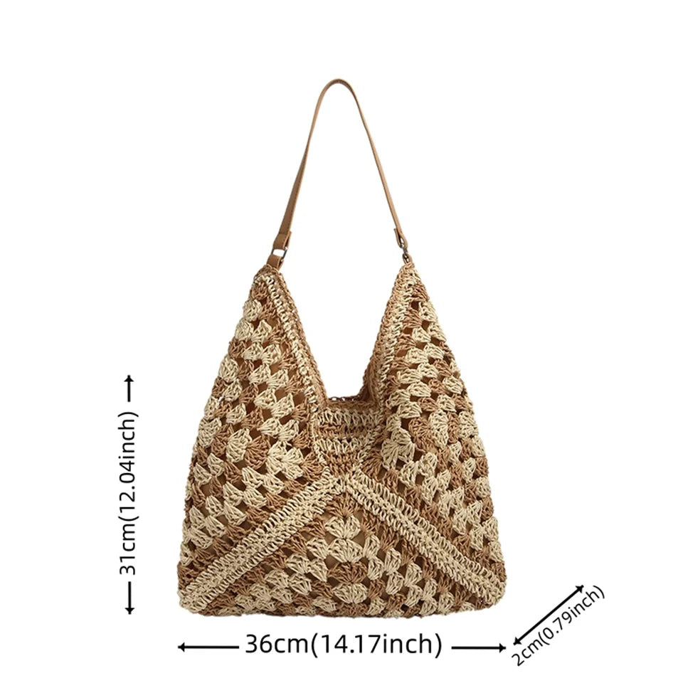 Bohemian Chic Woven Crossbody Tote – Stylish Hollow-Out Straw Handbag for Casual Outings