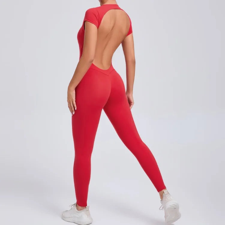 Seamless Yoga Jumpsuit – Short-Sleeved Backless One-Piece Workout Suit for Women, Hip-Lifting Fitness Tracksuit