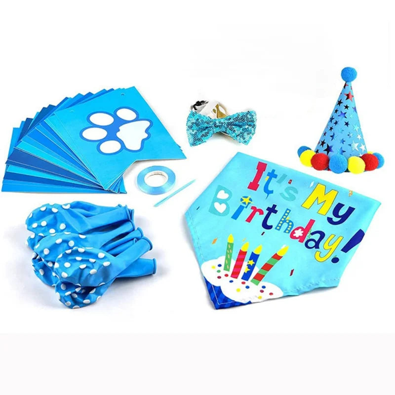 Pets Happy Birthday Decoration Set – Dog & Cat Party Accessories with Hats, Bandana, Bowtie & Banner