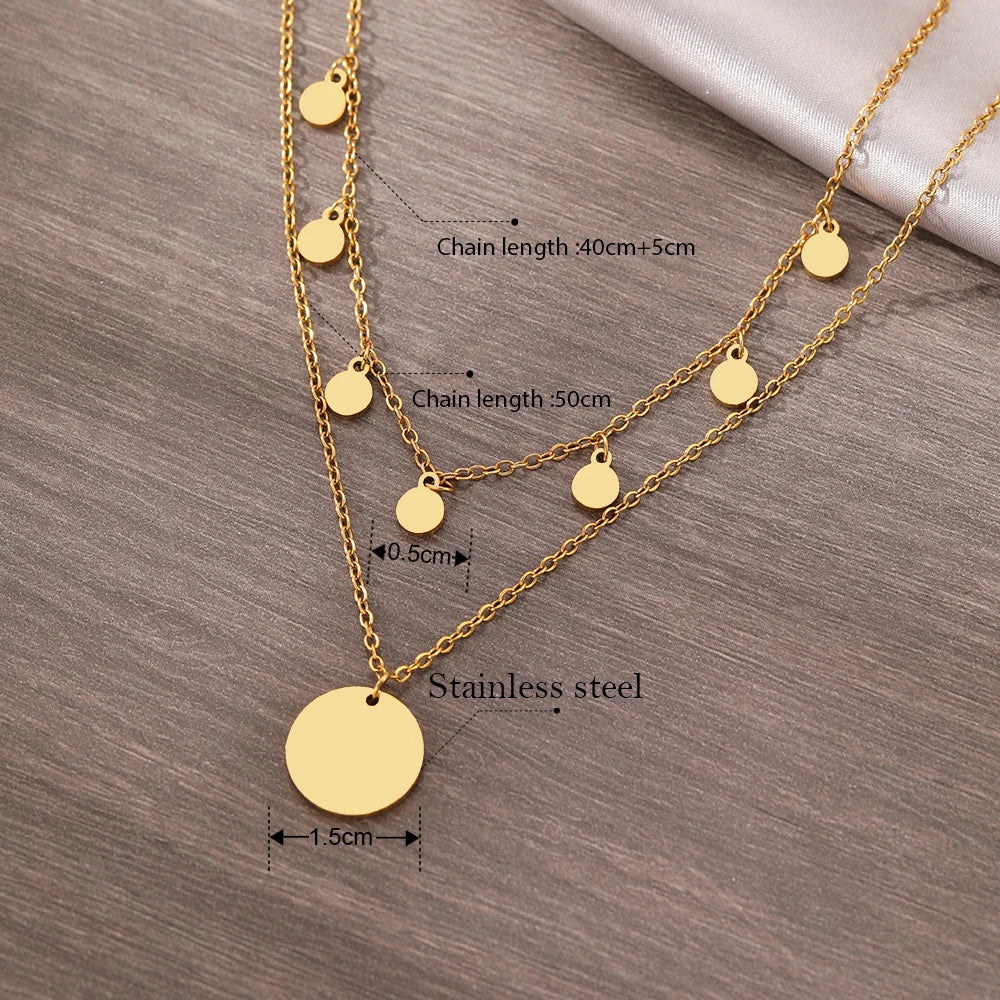 Elegant Geometric Round Pendant Necklace – Stainless Steel Multilayer Sweater Chain for Modern Style & Everyday Elegance ✨