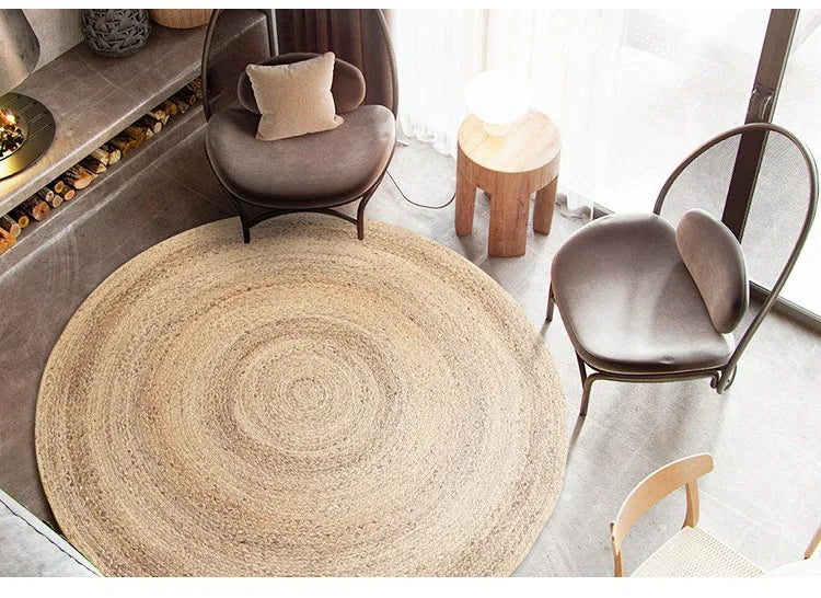 Rattan Round Carpets – Natural Plant Fiber Hand-Woven Rug for Living Room, Bedroom & Kitchen