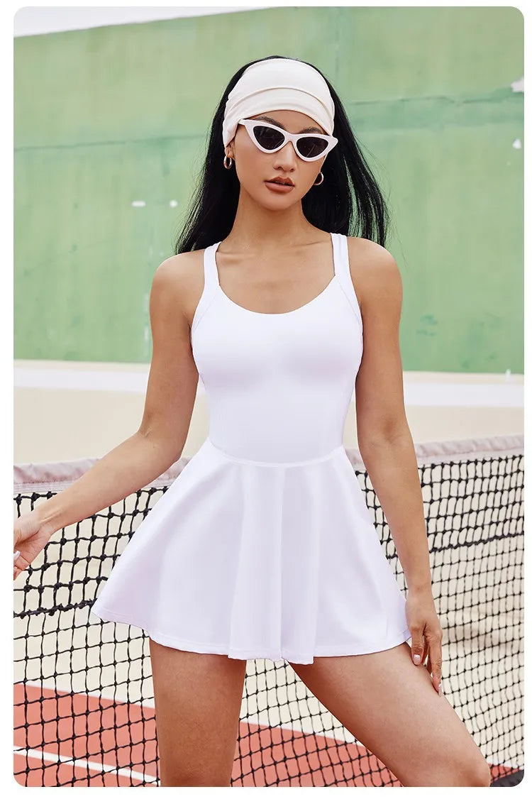 Women's Tennis Dress – Slim Fit Sports One-Piece with Back Cross Straps and Chest Pads