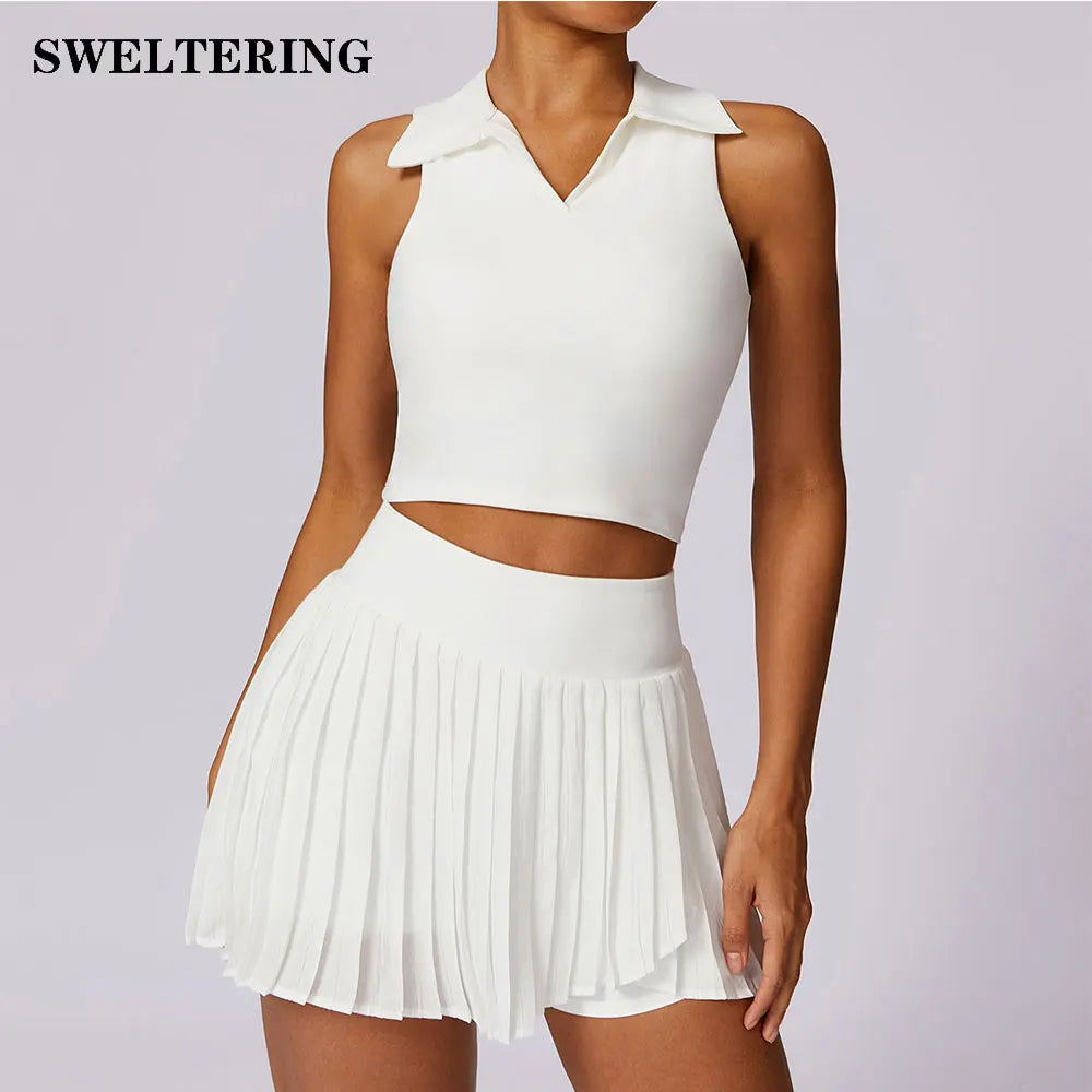 Women’s Sports Tennis Set – Pleated Skirt and Collared Crop Top for Tennis, Golf, and Casual Sports