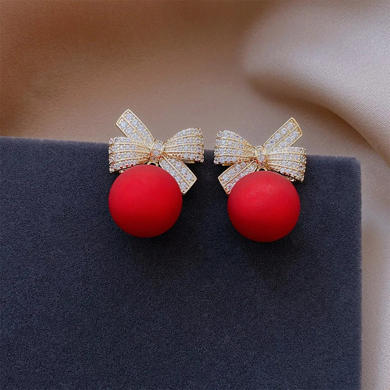 Elegant Red Pearl Bowknot Stud Earrings - Christmas Jewelry for Women and Girls, Sweet Heart Crystal Drop Piercing for Xmas Party Gift