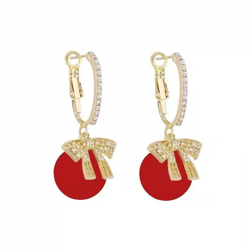 Elegant Crystal Bow Knot Drop Earrings – Exquisite Red Pearl Dangle for Christmas & Party Glam ✨🎀