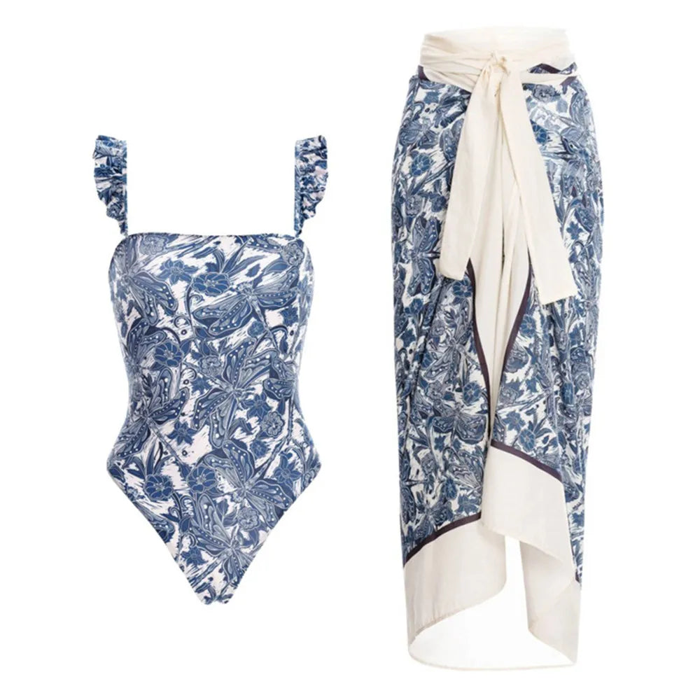 Porcelain Print Bikini Set with Skirt Cover-Up – Lace-Up Beachwear