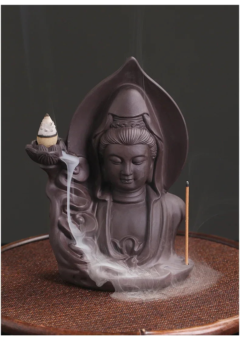 Purple Clay Avalokitesvara Backflow Incense Burner – Ceramic Buddha Incense Holder for Meditation & Home Decor