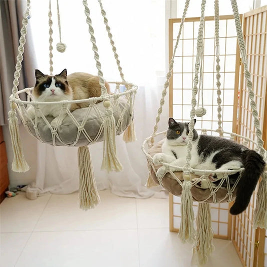 Hand-Woven Bohemian Cat Hammock – Hanging Basket Swing with Cushion for Cats