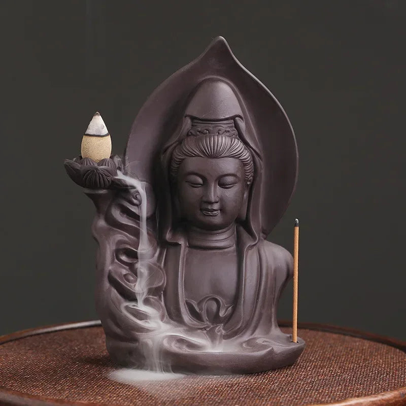 Purple Clay Avalokitesvara Backflow Incense Burner – Ceramic Buddha Incense Holder for Meditation & Home Decor