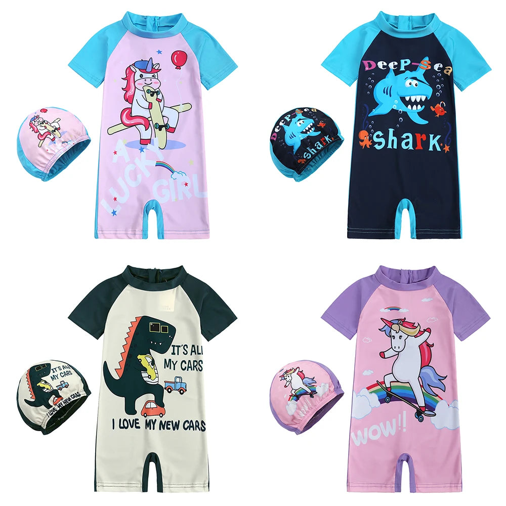 Kids UV Protection 2-Piece Swimwear Set – Print Dinosaur & Unicorn Bathing Suit with Cap for Toddlers