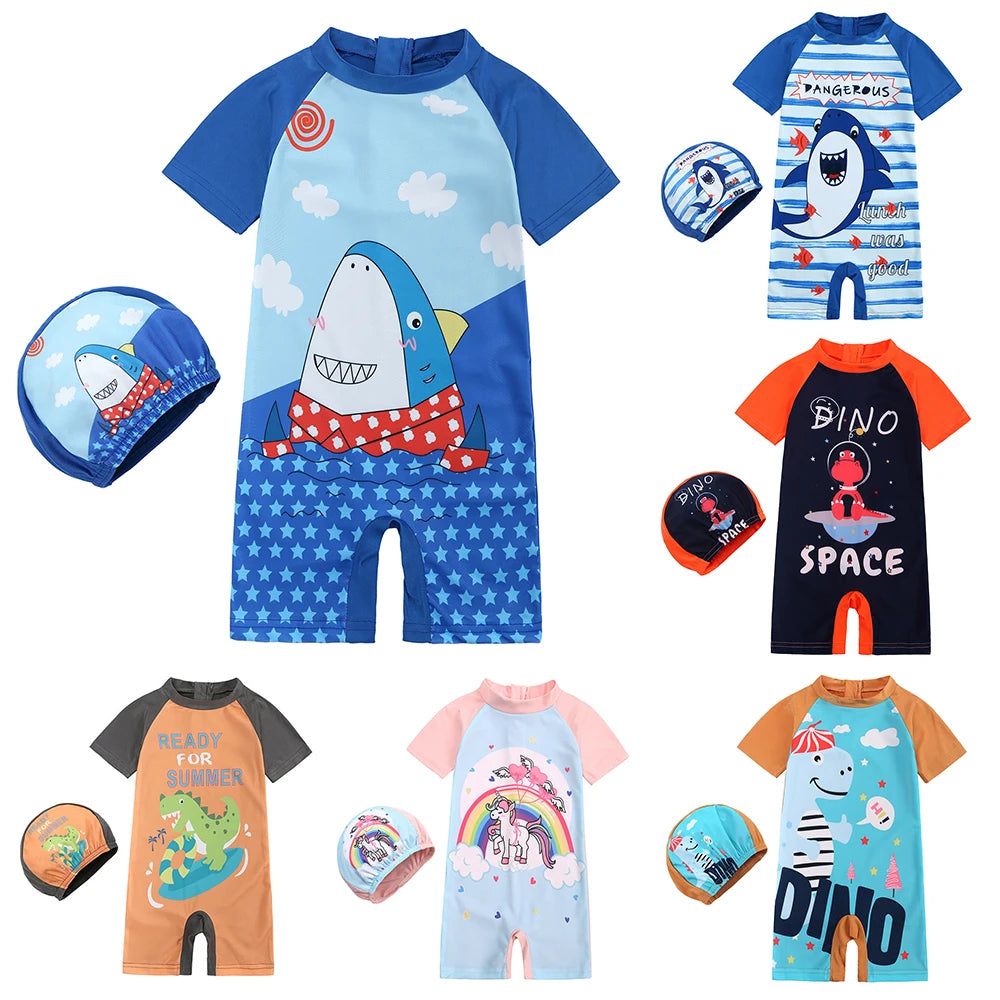 Kids UV Protection 2-Piece Swimwear Set – Print Dinosaur & Unicorn Bathing Suit with Cap for Toddlers