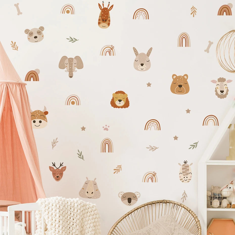 Boho Style Woodland Animals Rainbow Lion Wall Stickers for Kids Room Baby Nursery Wall Decal Vinyl Mural Bedroom Home Decor