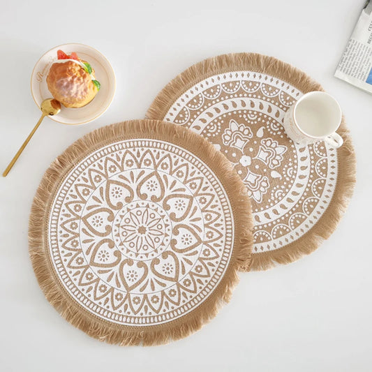 2PC Woven Jute Placemats with Tassels – Round Dining Table Heat Insulation Mats