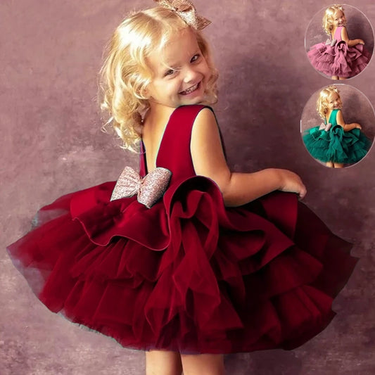 Christmas Princess Dress for Girls – Bow Backless Tutu Party Costume