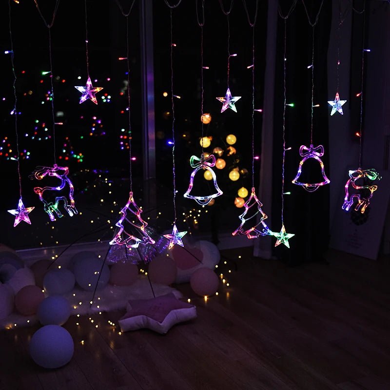 Christmas Lights LED Deer Star Moon String Light – Fairy Curtain Garland for Holiday Party & Outdoor Decor