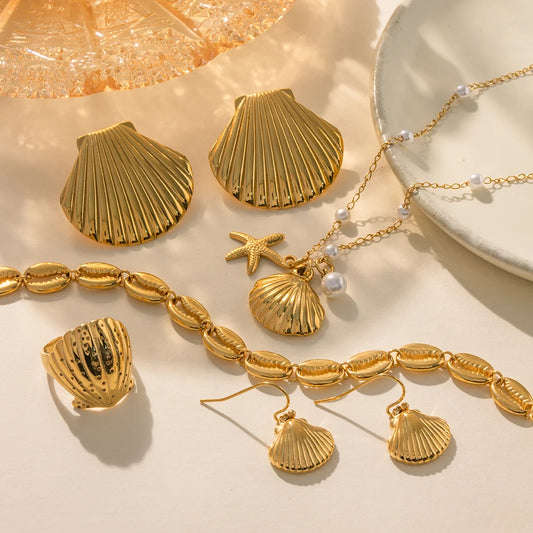 Elegant 18K Gold Plated Ocean Element Jewelry Set – Tarnish-Free Conch & Shell Earrings, Ring & Necklace for Women