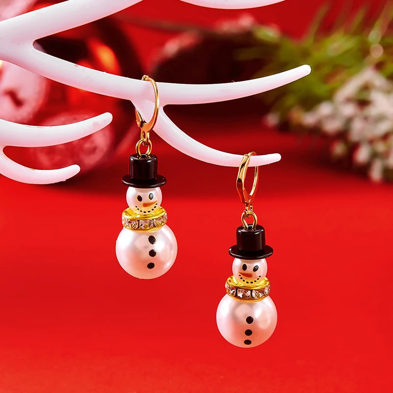 Elegant Snowman & Snowflake Zircon Pearl Earrings – Festive Shimmering Studs for Christmas Parties & Holiday Gifts 🎄❄️