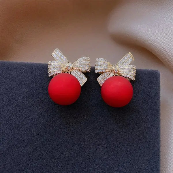 Elegant Crystal Bow Knot Drop Earrings – Exquisite Red Pearl Dangle for Christmas & Party Glam ✨🎀