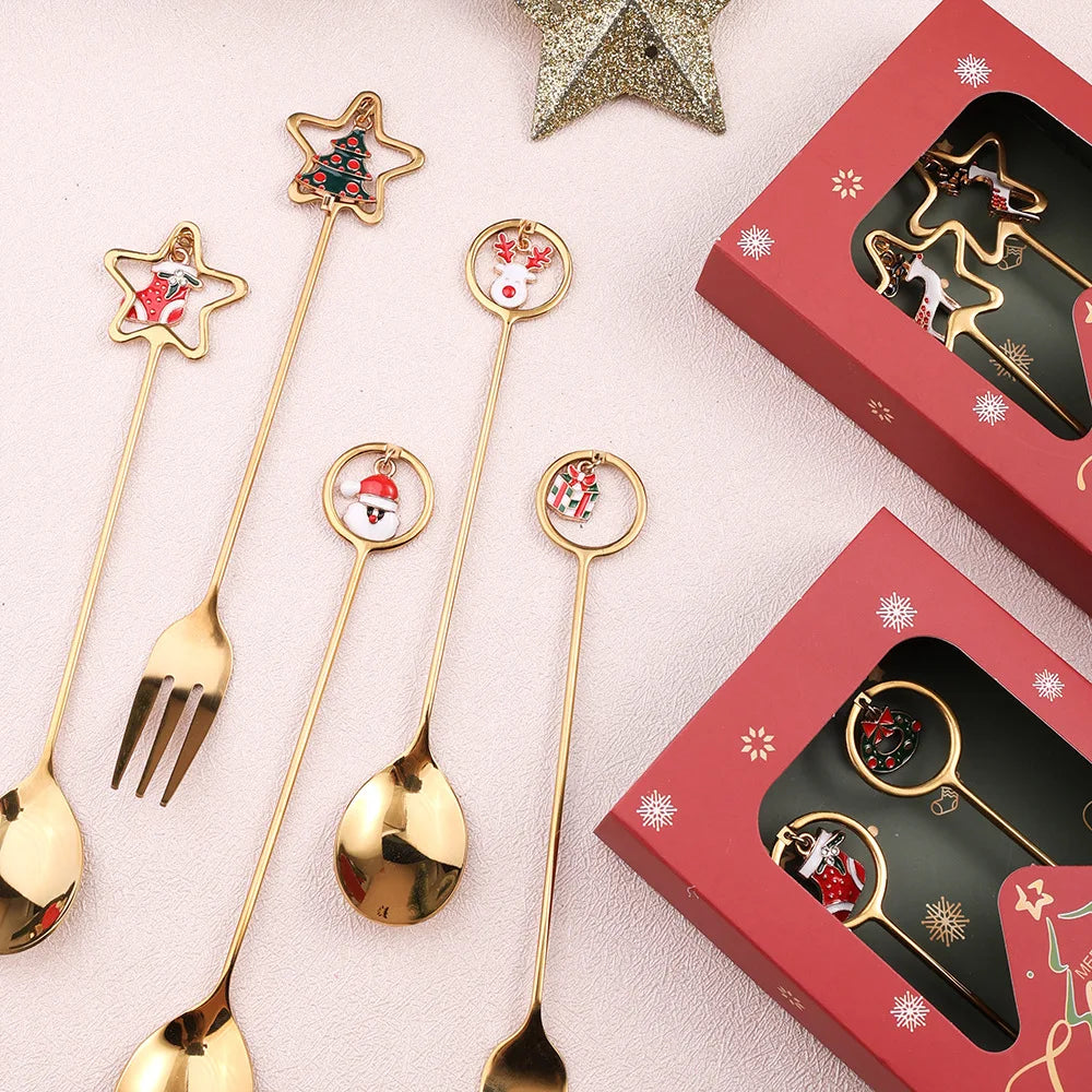 2Pcs Stainless Steel Christmas Spoon and Fork Set – Festive Tableware for Home and Gifts