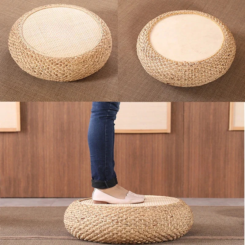 Natural Weave Straw Pouf Tatami Mat – Round Floor Cushion for Meditation, Yoga & Japanese-Style Seating