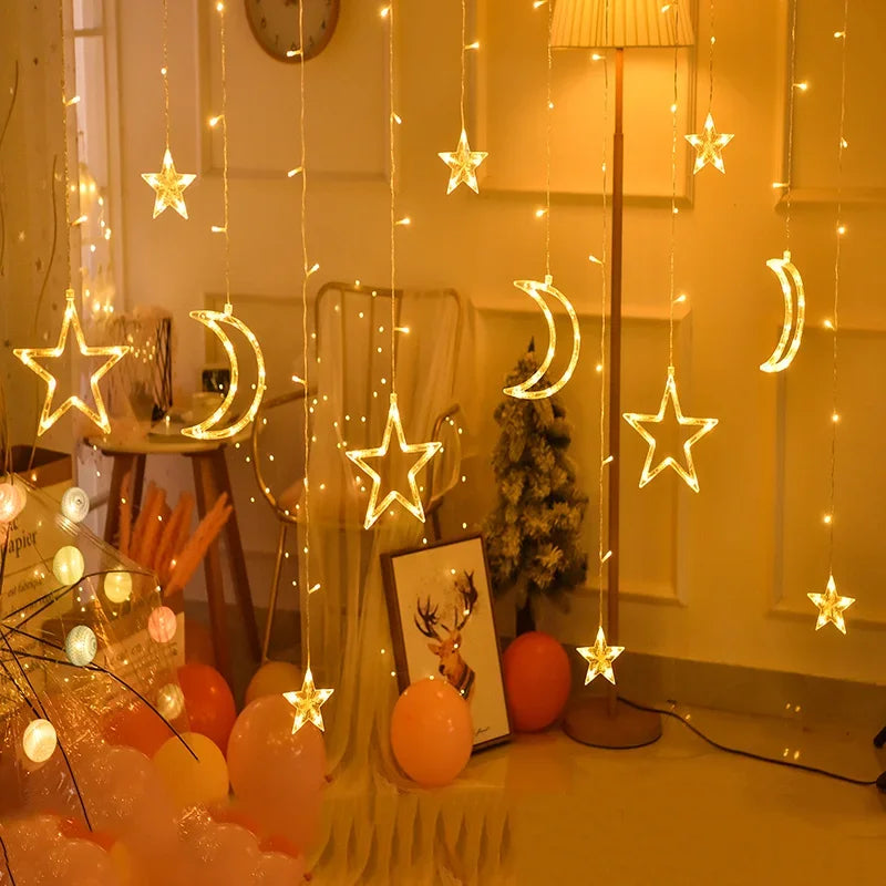 Christmas Lights LED Deer Star Moon String Light – Fairy Curtain Garland for Holiday Party & Outdoor Decor